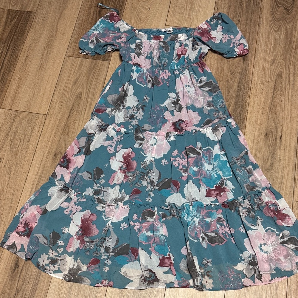 ONETHELAND NIP SLATE PINK Floral BOHO On/Off-Shoulder MIDI Dress